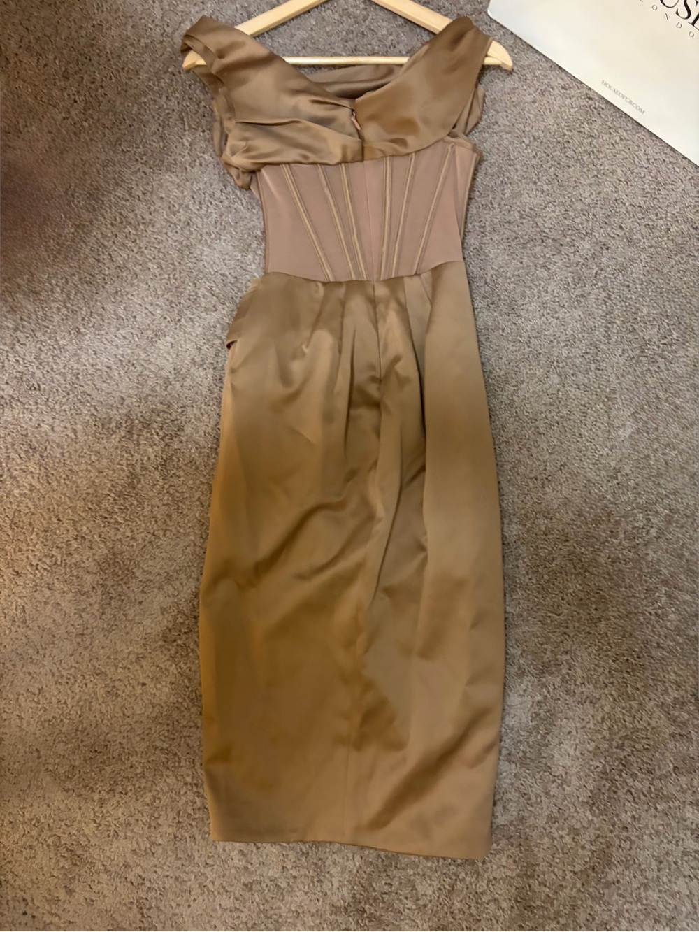 House of CB Lulu Toffee Asymmetric Drape Midi Corset Dress -S - Picture 14 of 15